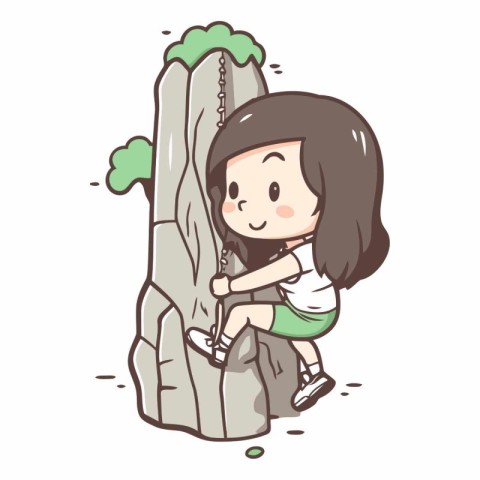 Illustration of a Little Girl Climbing a Rock in the Forest