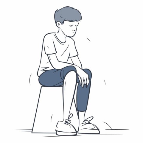 sad boy sitting on the stool. hand drawn vector illustration.