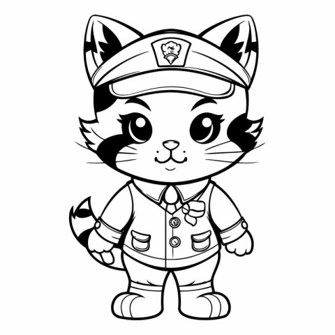 Black and White Cartoon Illustration of Cute Wild Cat Sailor Cha