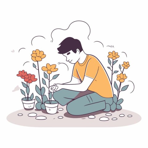 Vector illustration of a man sitting on the ground and planting