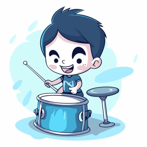 Cute boy playing drum set in cartoon style.