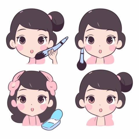 Illustration of a young woman with different facial expressions.