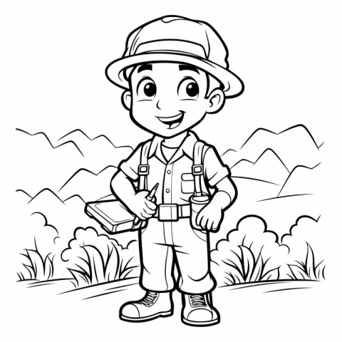 Black and White Cartoon Illustration of Kid Boy Hiking or Campin