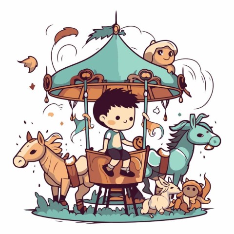 Cute little boy riding on a carousel.