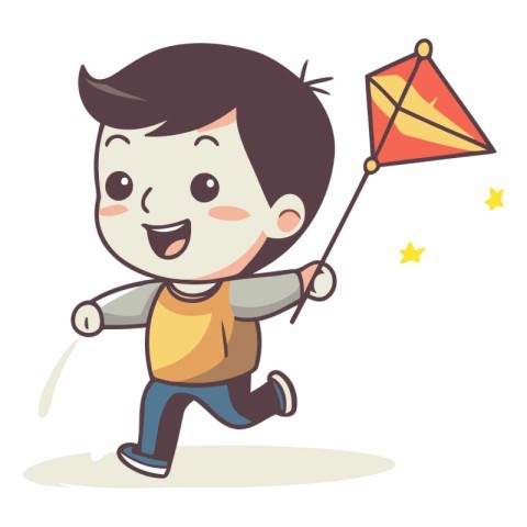 Cute boy flying kite vector illustration. Cartoon boy playing wi