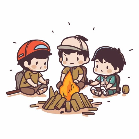 Children sitting around the bonfire. Vector hand drawn cartoon i