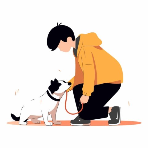 Boy playing with a dog in flat cartoon style.