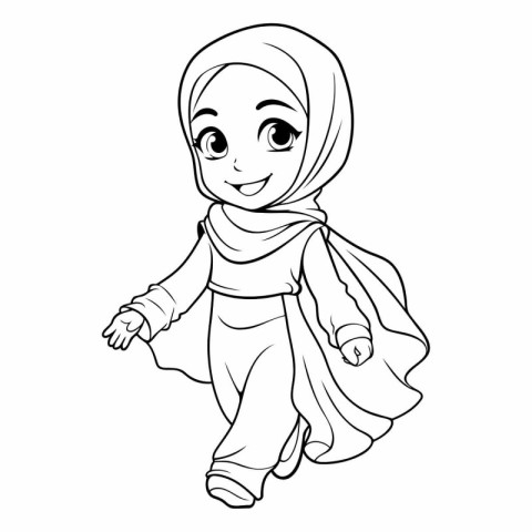 Hijab girl. Hand drawn vector illustration. Coloring book for ki