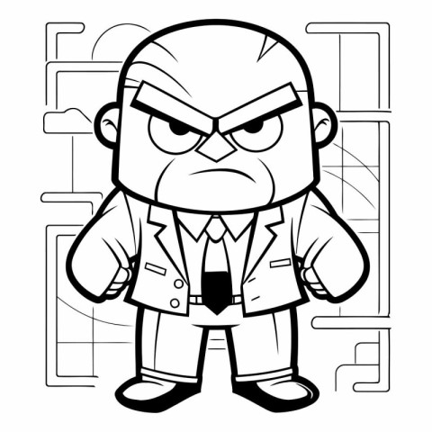 Angry Cartoon Businessman - Black and White Vector Illustration.