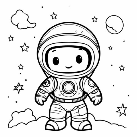 Cute astronaut in space. Cartoon vector illustration for colorin