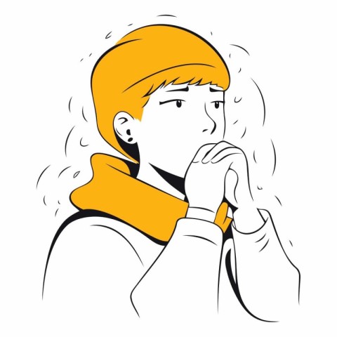 Illustration of a young man in a yellow cap and scarf praying