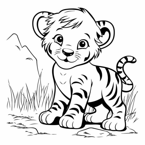 Black and White Cartoon Illustration of Tiger Animal for Colorin