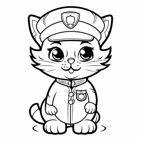 Black and White Cartoon Illustration of Cat Police Officer Chara