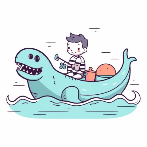 Vector illustration of a boy riding a whale. Cute cartoon charac