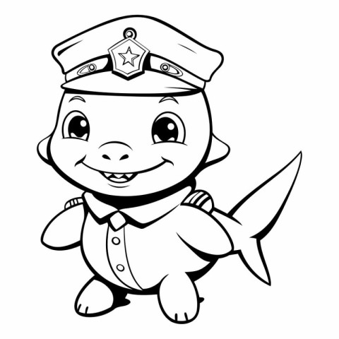 Black and White Cartoon Illustration of Cute Baby Shark Sailor C