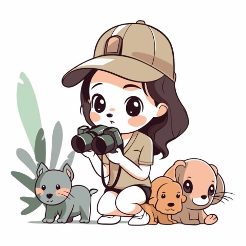 Illustration of a cute little girl with a camera and a dog