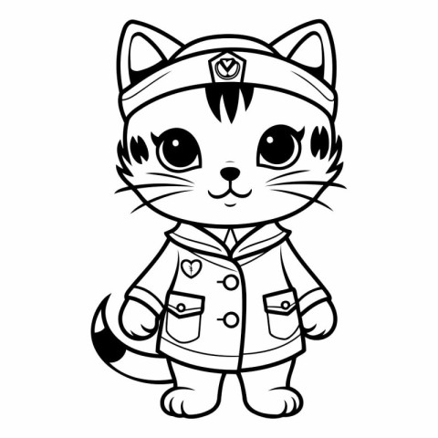 Black and White Cartoon Illustration of Cute Cat Sailor Characte