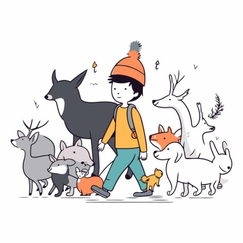 Vector illustration of a little boy walking with his dog and wil