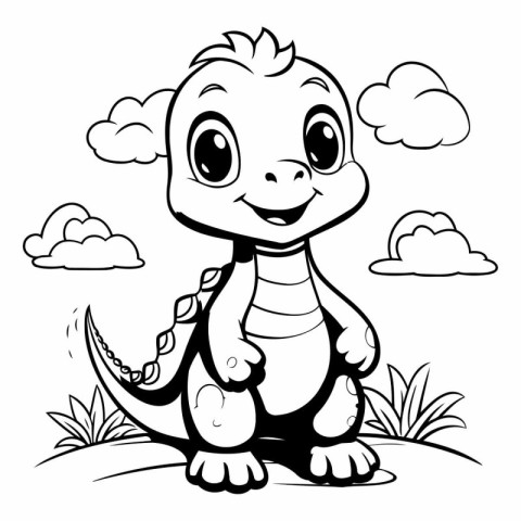 Cute baby dinosaur sitting on the grass. Black and white vector