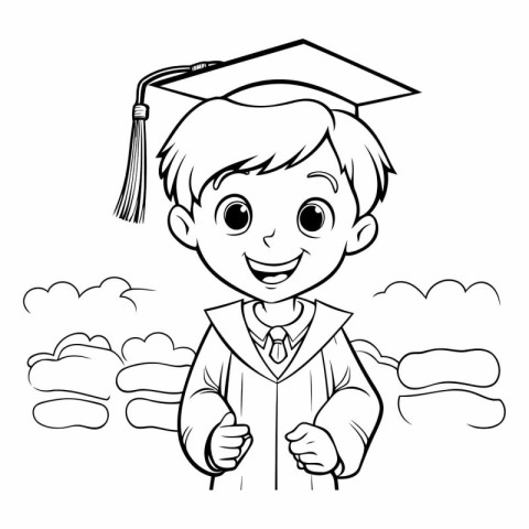 Black and White Cartoon Illustration of Boy in Graduation Cap fo