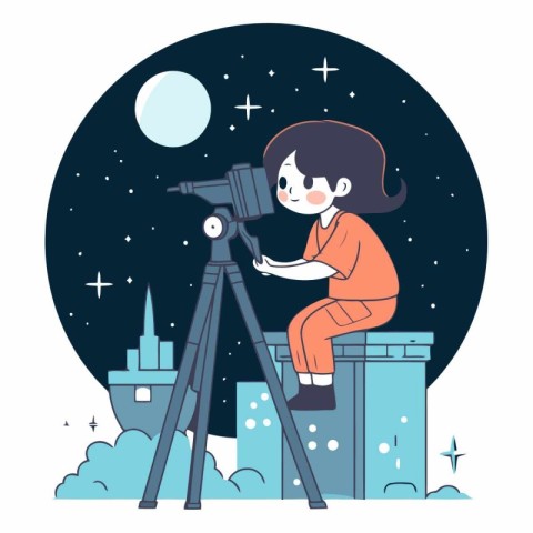 Vector illustration of a little girl with a camera on the backgr