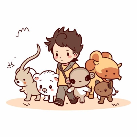 Little boy with a group of animals in cartoon style.