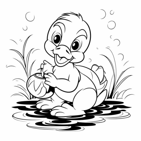 Cute little duckling playing in the water. black and white vecto