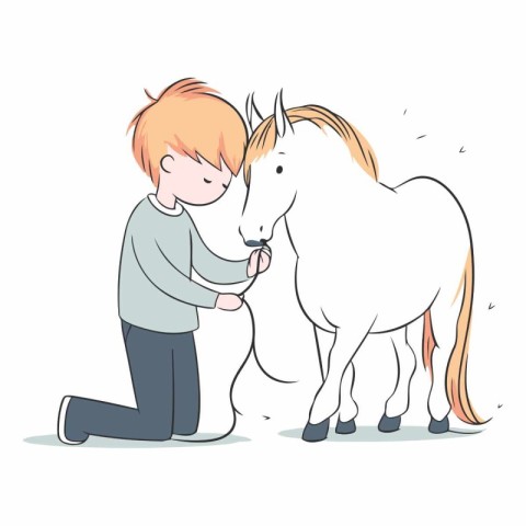 Little boy and white horse in doodle style.