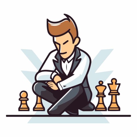 Businessman sitting on the floor and playing chess.