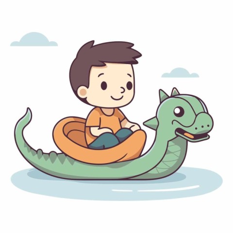 Boy sitting on a snake in the sea. vector cartoon illustration.