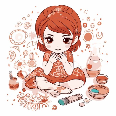 Cute little girl playing with clay. Hand drawn vector illustrati