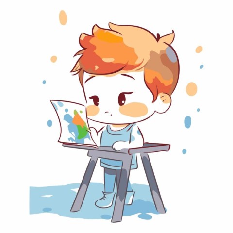 Cute little boy painting with watercolor paints.