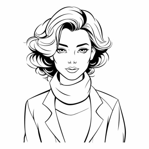 Beautiful young woman in a trench coat. Black and white vector i