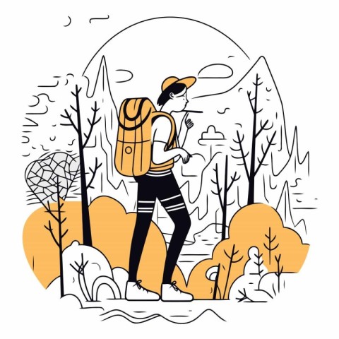 Vector illustration of a young man with a backpack in the forest