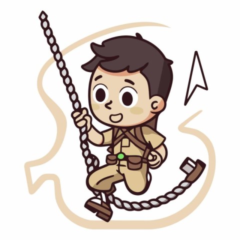 Boy in scout costume climbing on rope. Vector clip art illustrat