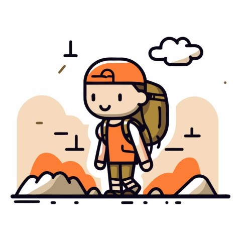 Tourist in the mountains. flat design. thin line icon