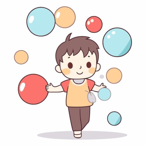 Boy playing with balls and bubbles in cartoon style.