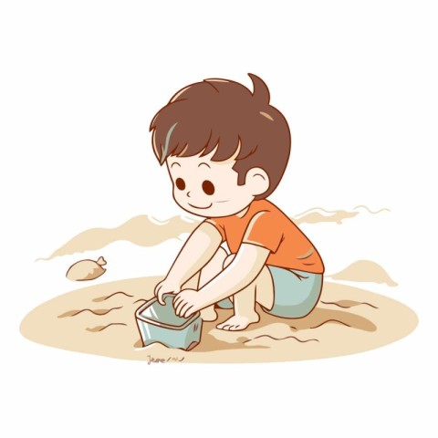 Little boy playing with sand on the beach. Vector cartoon illust