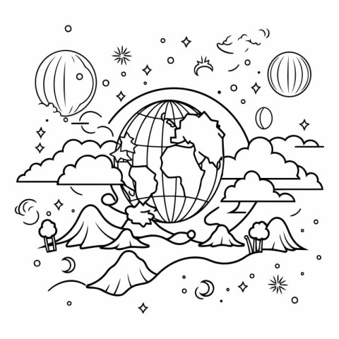 Line art vector illustration of Earth planet with clouds. mounta