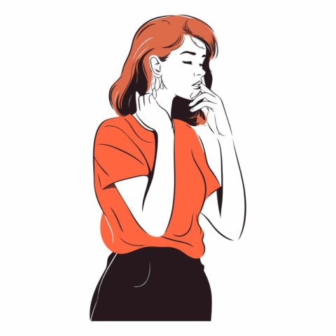 Vector illustration of a young woman in a red blouse and black s