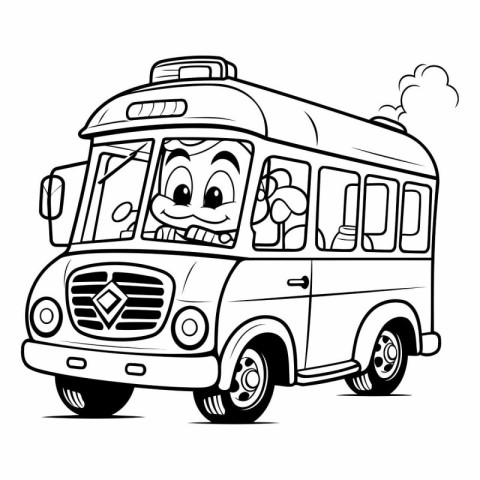 Black and White Cartoon Illustration of Funny School Bus Charact