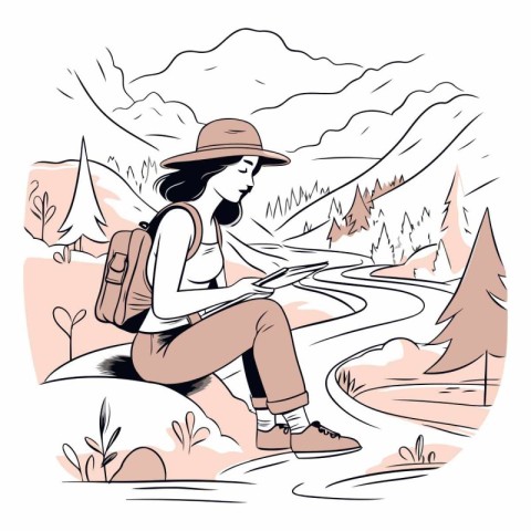 Hiking girl with backpack and map in the mountains.