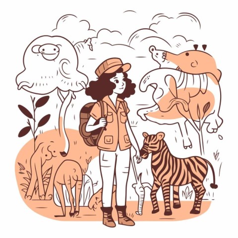 Vector illustration of a tourist girl with a backpack and a wild