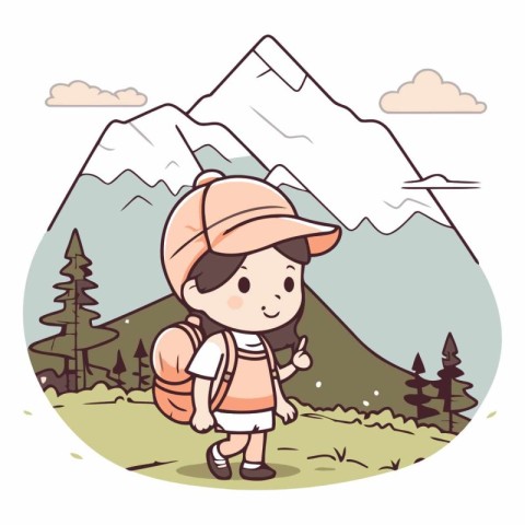 Cute little boy with backpack hiking in mountains.