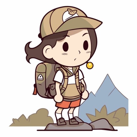 Boy scout with a backpack standing on the rock.