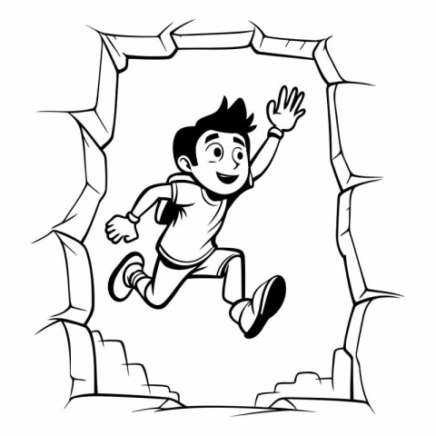 Cartoon illustration of a boy jumping through a hole in a wall