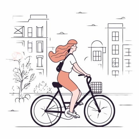 Young woman riding a bicycle in the city in flat style.