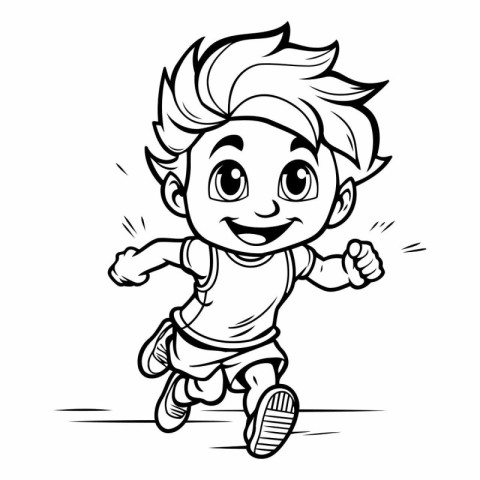 Running Boy - Black and White Cartoon Illustration of a Kid Runn