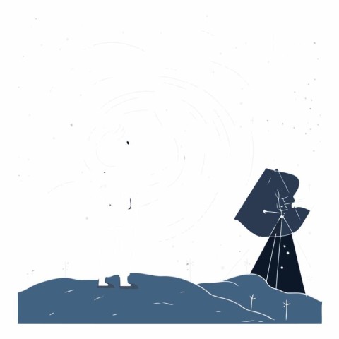 Vector illustration of a man standing on a mountain in the moonl