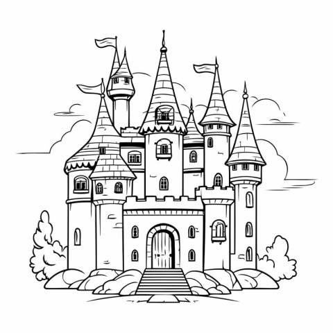 Fairytale castle. Black and white vector illustration for colori